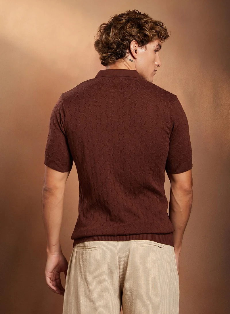 Campus Sutra Campus Sutra Men's Chocolate Brown Sonic-Tactile Polo T-Shirt For Casual Wear | Polo Neck | Short Cuffed Sleeves | Half-Button Closure | T-Shirt Crafted With Comfort Fit For Everyday Wear