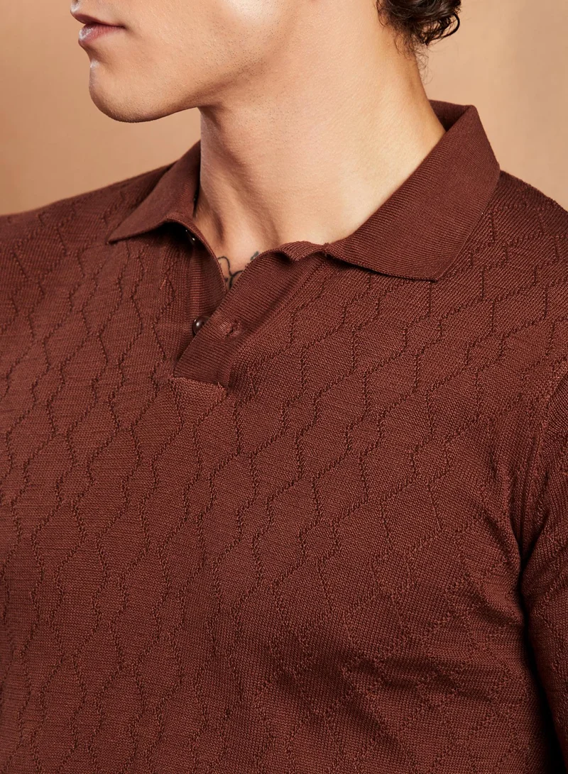 Campus Sutra Campus Sutra Men's Chocolate Brown Sonic-Tactile Polo T-Shirt For Casual Wear | Polo Neck | Short Cuffed Sleeves | Half-Button Closure | T-Shirt Crafted With Comfort Fit For Everyday Wear
