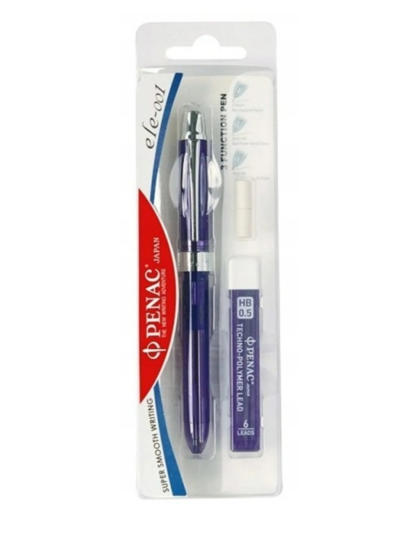 3-in-1 Multifunctional Pen (Blue, Red, Pencil) 2 Eraser + Replacement Tip, Purple Exterior, Made in Japan