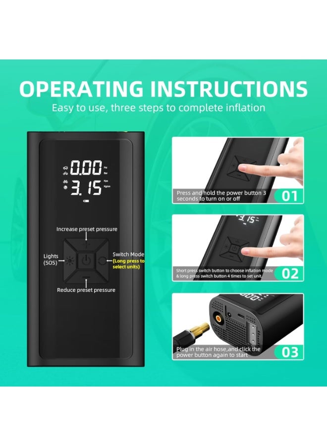 Portable 150 PSI Air Compressor Tire Inflator with Digital LCD Display, Auto Shut-Off, Rechargeable for Car, Bike, Ball - Black - Image 2