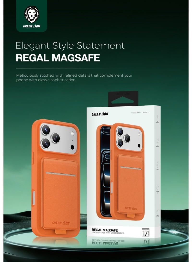 GREEN LION iPhone 17 Pro Max MagSafe Case Regal Leather with Card Holder & Foldable Stand Support / Ultra-Durable Protection Back Cover / Luxurious Comfortable Touch / Camera Protection / Comfortable Grip / Anti-Scratch / Anti Fingerprint - Orange - Image 3