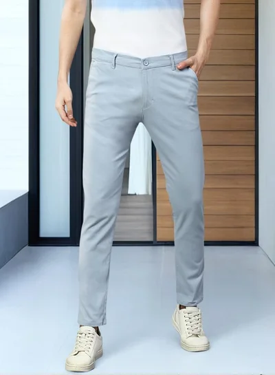 Dennis Lingo Men's Light Blue 100% Cotton Solid Full Length Chinos Tapered Fit Trouser