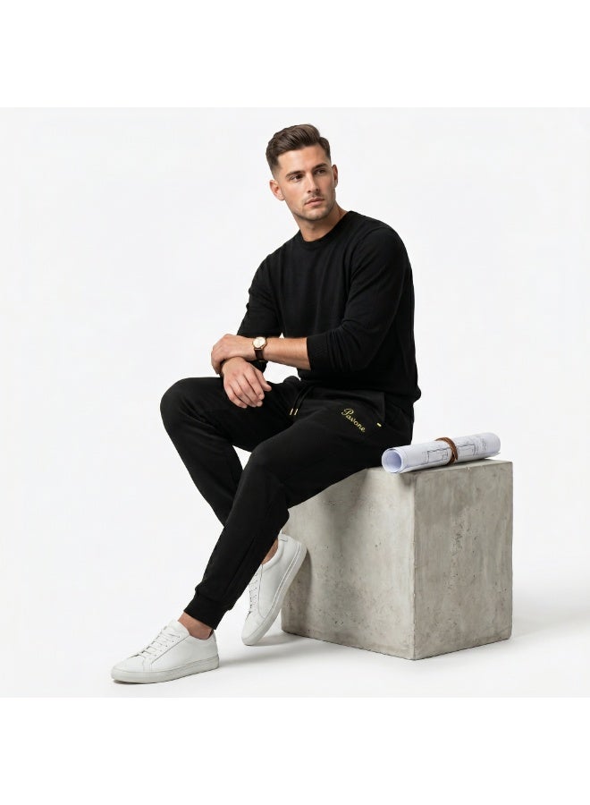 PAVONE Men's Black Cotton Sweatpants - Elastic Waistband with Drawstring & Pockets - Comfortable Slim Fit Sports Pants for Gym, Training & Casual Wear - Image 2