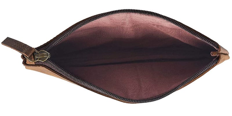 CONTACTS Genuine Leather Small Pouch Multipurpose Utility Bag Zipper Pencil Pouches Holder Aesthetic for Adults Men Women Boys Coin Purse Money I Pen I Key I Tool Jewelry Bag - Brown - Image 3