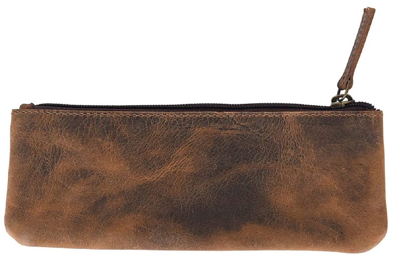 CONTACTS Genuine Leather Small Pouch Multipurpose Utility Bag Zipper Pencil Pouches Holder Aesthetic for Adults Men Women Boys Coin Purse Money I Pen I Key I Tool Jewelry Bag - Brown - Image 4