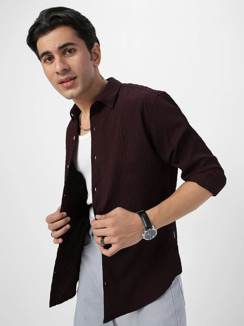 Urbano Fashion Urbano Fashion Men's Maroon Cotton Full Sleeve Regular Fit Textured Shirt with Spread Collar