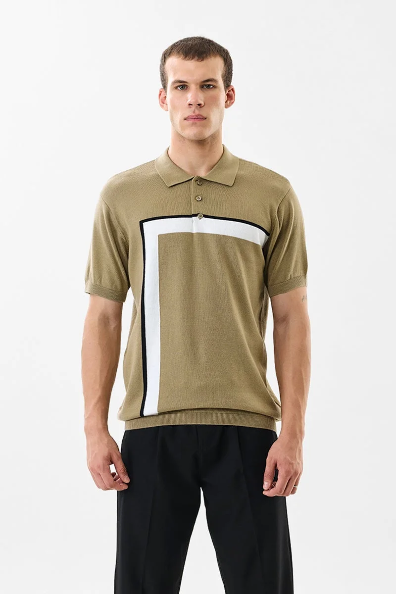 سنيتش Khaki Geometric Half Sleeve Slim Fit T-Shirt