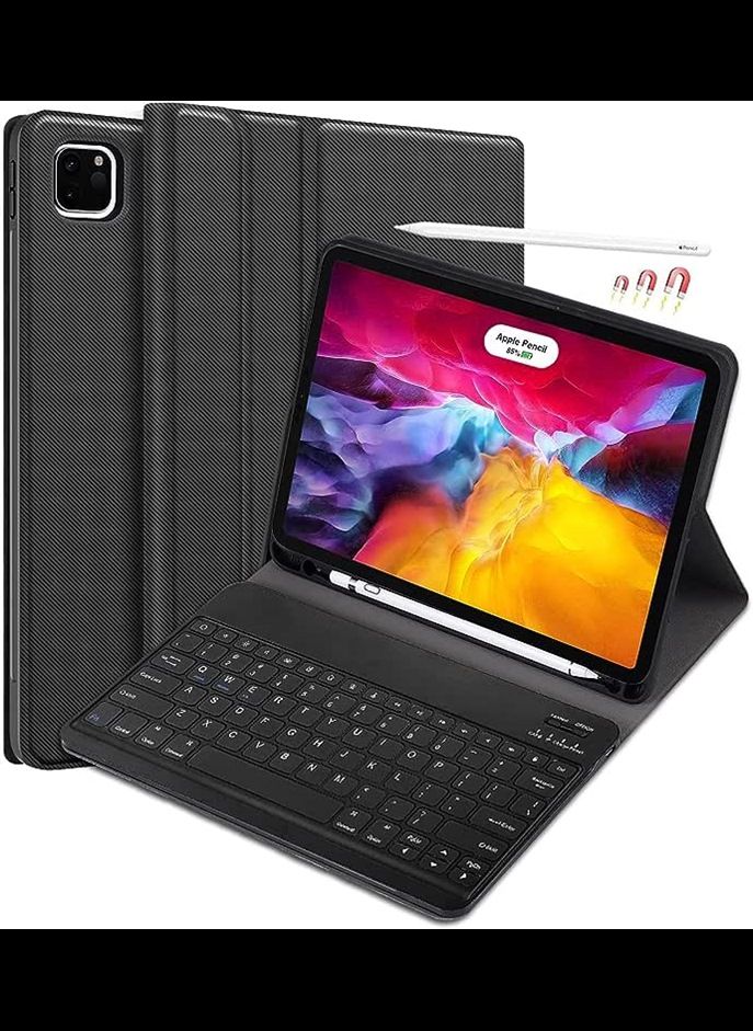 Keyboard Case for Ipad Pro 12.9" 2022/2021/2020/2018 - Soft TPU Back Cover with Pencil Holder, Detachable Wireless Keyboard with Bluetooth keyboard,Black,ipad Pro 12.9 2020