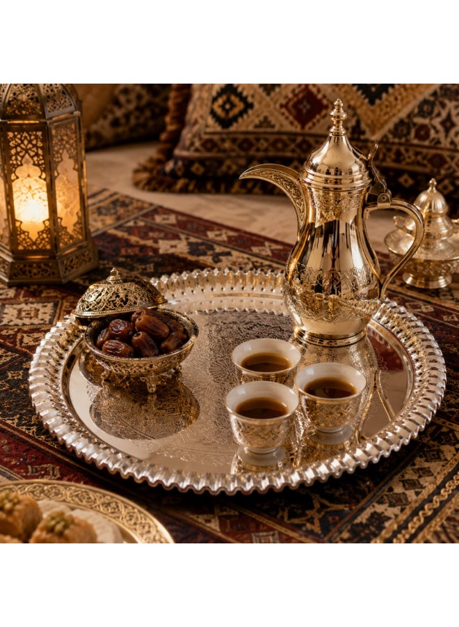 Diameter 40cm Round Silver Plated Metal Tray, Elegant Decorative Serving Tray for Arabic Coffee, Dates, Sweets & Majlis - Image 4