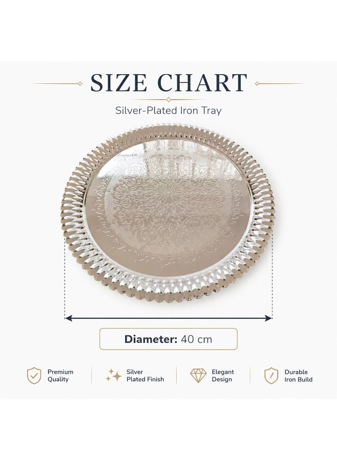 Diameter 40cm Round Silver Plated Metal Tray, Elegant Decorative Serving Tray for Arabic Coffee, Dates, Sweets & Majlis - Image 3