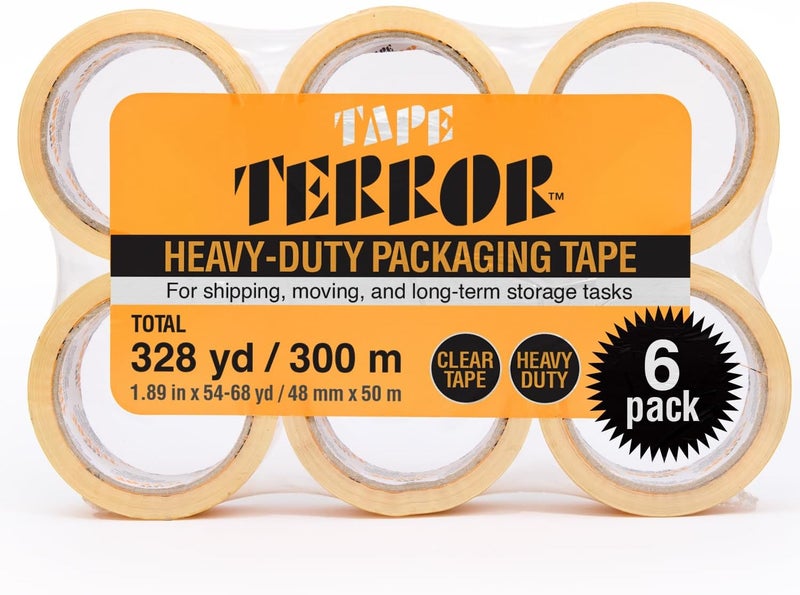 Tape Terror شريط تعبئة شفاف ثقيل (6 لفات) - شريط تعبئة قوي لصناديق النقل، الشحن، البريد، التخزين، وأكثر - مستلزمات التعبئة والشحن (48 مم × 50 م لكل لفة) - Image 1
