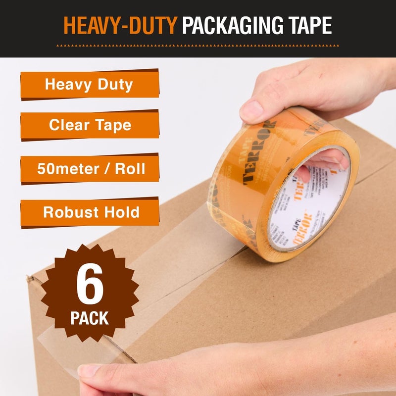 Tape Terror شريط تعبئة شفاف ثقيل (6 لفات) - شريط تعبئة قوي لصناديق النقل، الشحن، البريد، التخزين، وأكثر - مستلزمات التعبئة والشحن (48 مم × 50 م لكل لفة) - Image 2