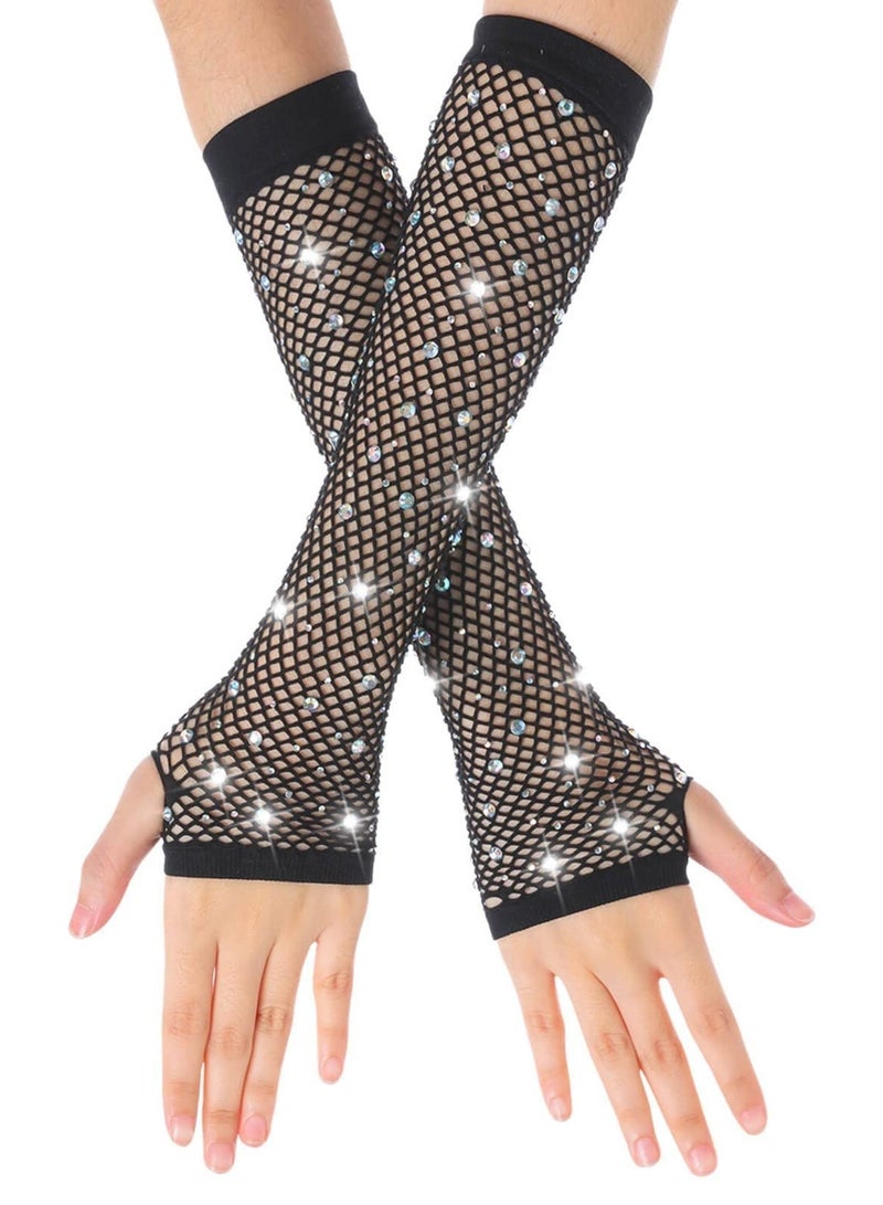 Black Fishnet Long Gloves for Women and Girls - 1920s Retro Five-Finger Arm Sleeves with Rhinestones, Perfect Accessory for Prom and Party Events. - Image 1