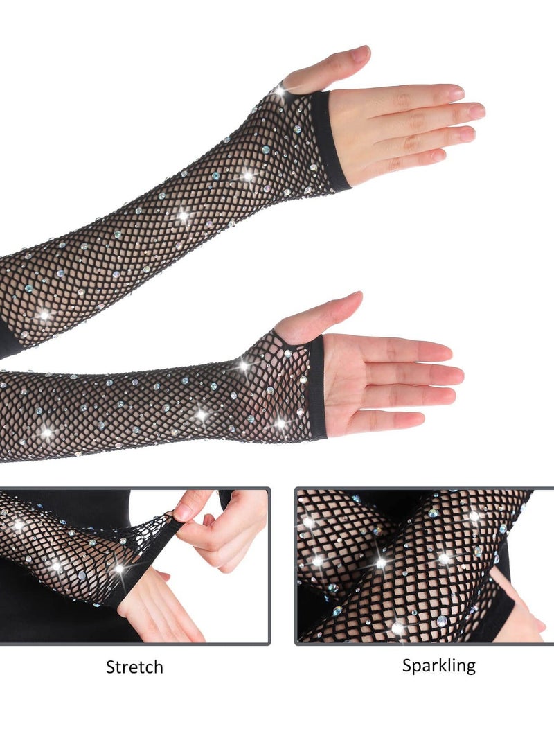 Black Fishnet Long Gloves for Women and Girls - 1920s Retro Five-Finger Arm Sleeves with Rhinestones, Perfect Accessory for Prom and Party Events. - Image 3