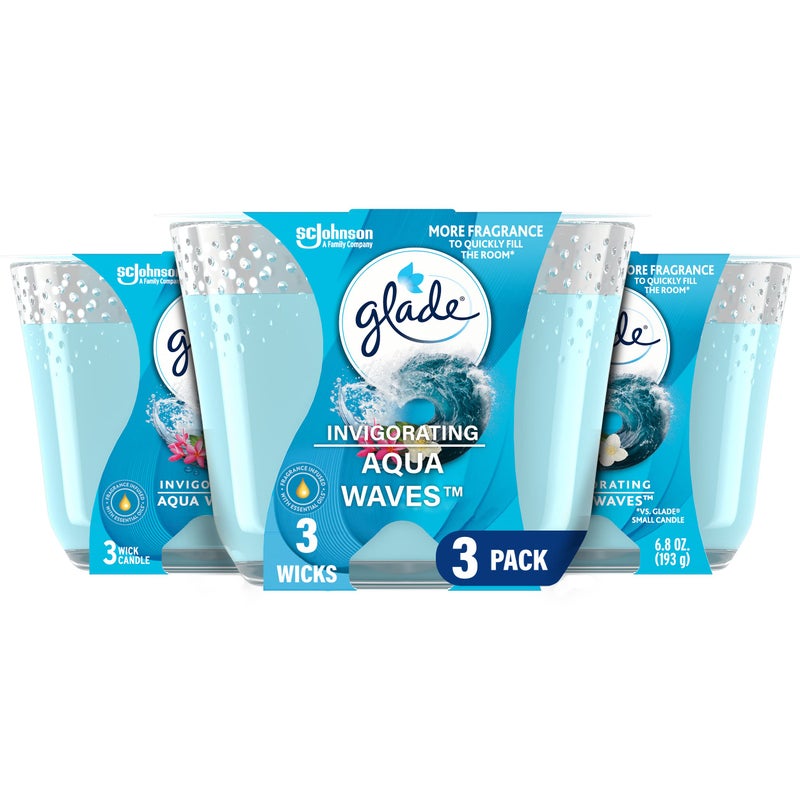 Glade Candle Aqua Waves, Fragrance Candle Infused with Essential Oils, Air Freshener Candle, 3-Wick Candle, 6.8 Oz, 3 Count - Image 1