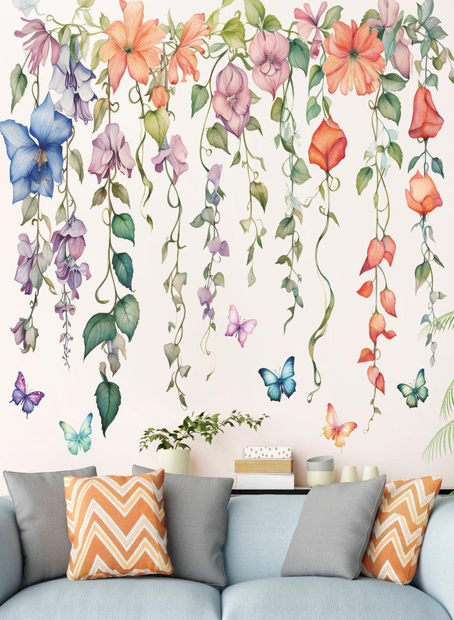 DRWSSR 2Sheets Hanging Creative Removable DIY Colorful Flower and Vines Wall Decal Watercolor Butterflies Wall Decal Waterproof Vinyl Wall Decal Decor for Girls Bedroom LivingRoom Wall Corner Decor(B) - Image 1