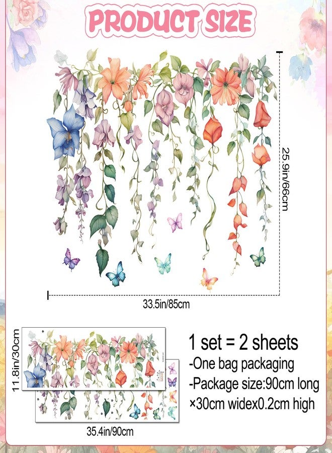 DRWSSR 2Sheets Hanging Creative Removable DIY Colorful Flower and Vines Wall Decal Watercolor Butterflies Wall Decal Waterproof Vinyl Wall Decal Decor for Girls Bedroom LivingRoom Wall Corner Decor(B) - Image 2