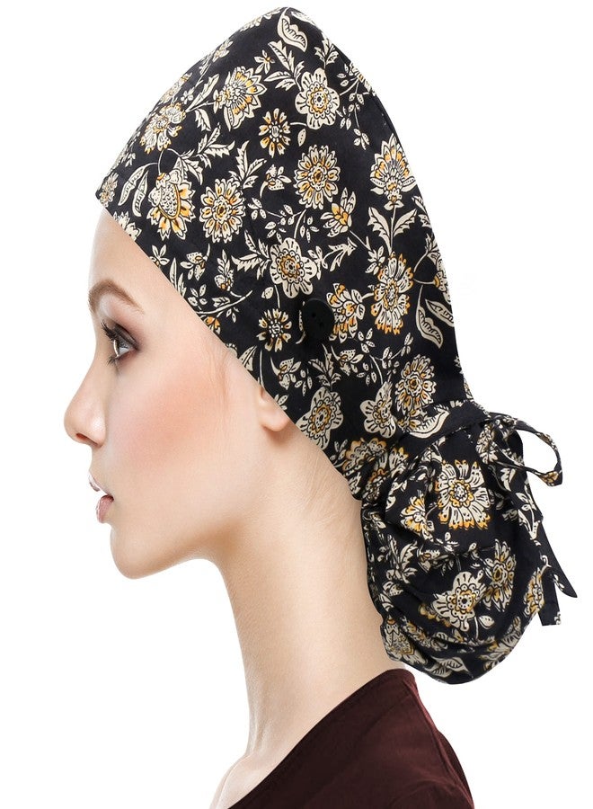 QBA Adjustable Working Cap with Button, Cotton Working Hat Sweatband, Elastic Bandage Tie Back Hats for Women & Men, One Size, Black Blossom Pt, One size - Image 3