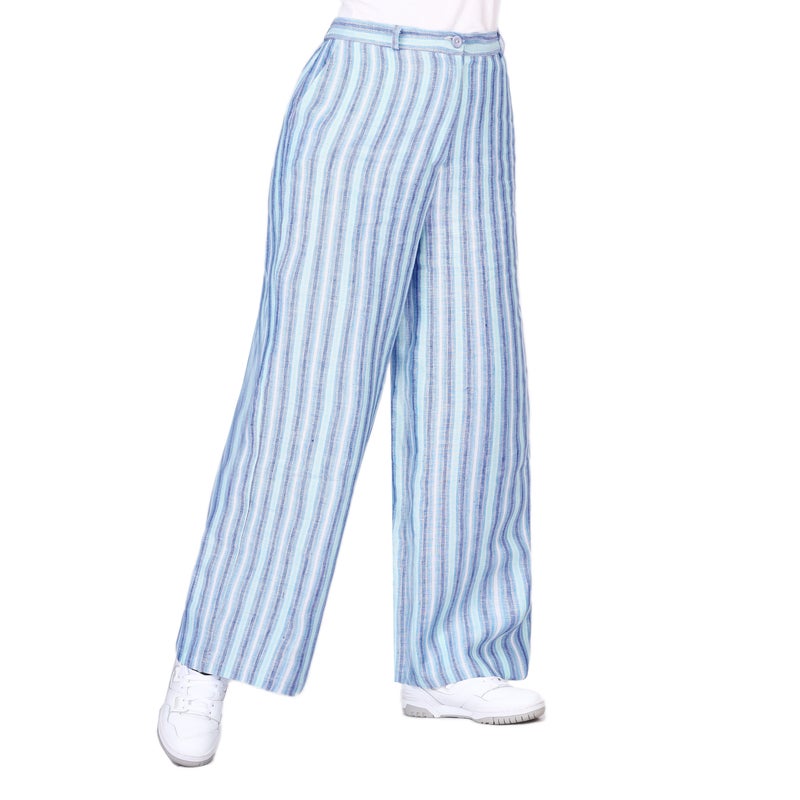 Smoky Egypt Women's High-Waisted Pure Linen Pants - Blue - Image 2