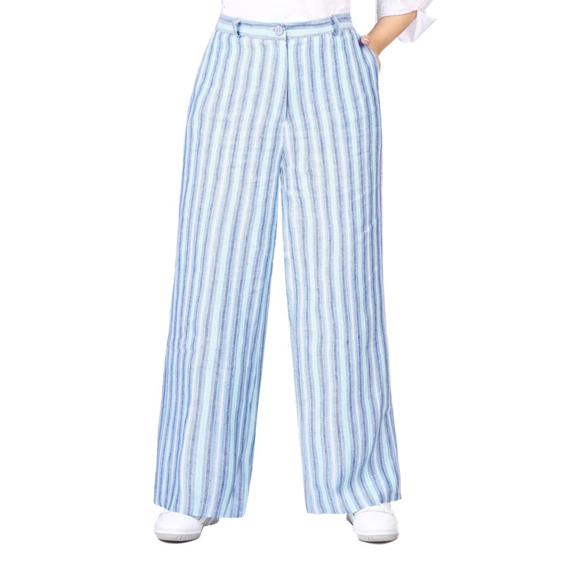 Smoky Egypt Women's High-Waisted Pure Linen Pants - Blue - Image 1