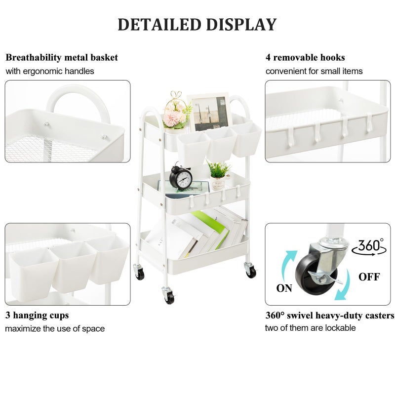 danpinera 3-Tier Rolling Cart, Utility Cart Mobile Metal Rolling Storage Cart with Lockable Wheels & Hanging Cups & Hooks for Kitchen, Bathroom, Office, Workshop, White - Image 2