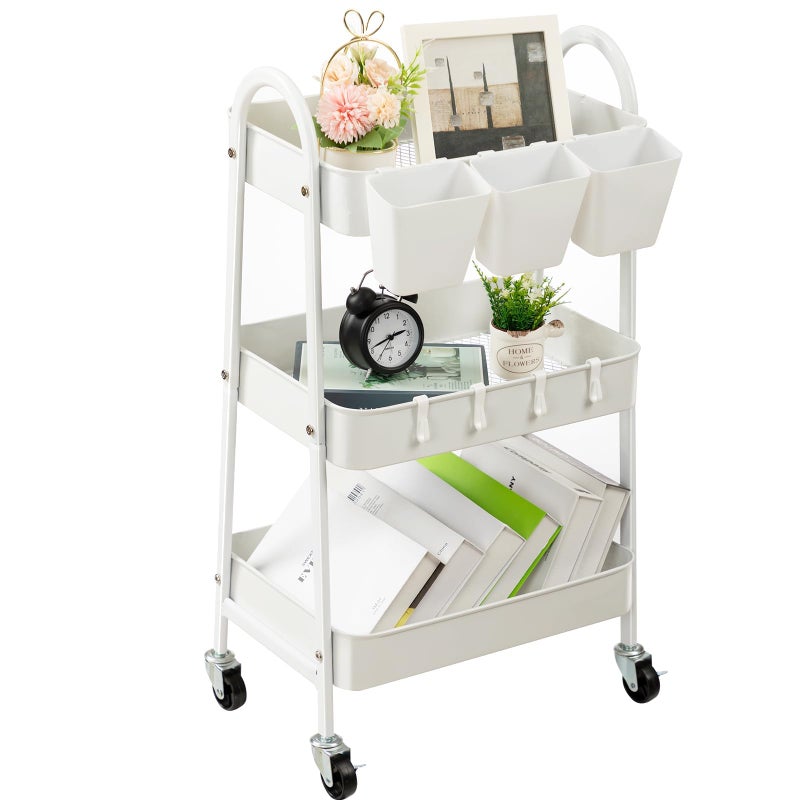 danpinera 3-Tier Rolling Cart, Utility Cart Mobile Metal Rolling Storage Cart with Lockable Wheels & Hanging Cups & Hooks for Kitchen, Bathroom, Office, Workshop, White - Image 1