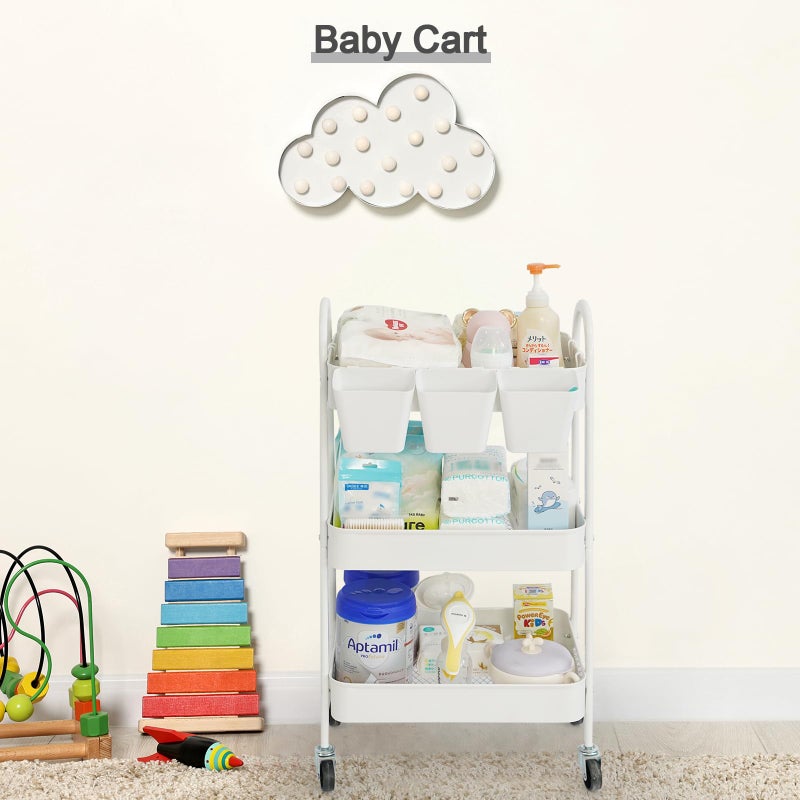 danpinera 3-Tier Rolling Cart, Utility Cart Mobile Metal Rolling Storage Cart with Lockable Wheels & Hanging Cups & Hooks for Kitchen, Bathroom, Office, Workshop, White - Image 5