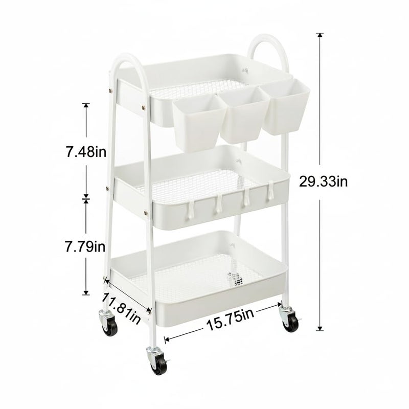 danpinera 3-Tier Rolling Cart, Utility Cart Mobile Metal Rolling Storage Cart with Lockable Wheels & Hanging Cups & Hooks for Kitchen, Bathroom, Office, Workshop, White - Image 3