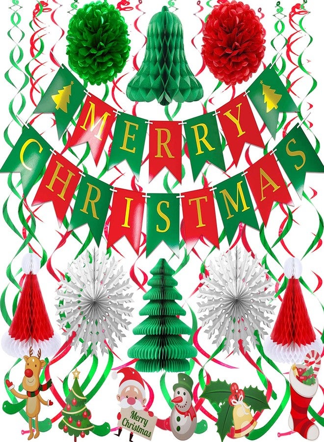 Fecedy MERRY CHRISTMAS Hanging Banner Pom poms Paper flower Fan Paper Christmas tree Christmas hat&Swirl Streamers for Merry Christmas Party Decorations - Image 1