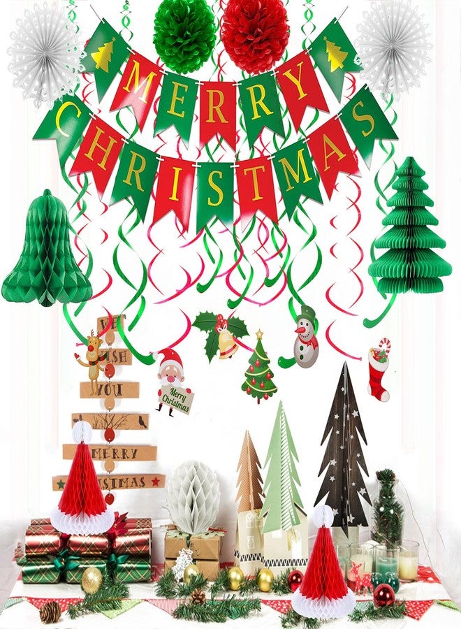 Fecedy MERRY CHRISTMAS Hanging Banner Pom poms Paper flower Fan Paper Christmas tree Christmas hat&Swirl Streamers for Merry Christmas Party Decorations - Image 5