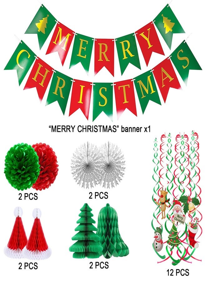Fecedy MERRY CHRISTMAS Hanging Banner Pom poms Paper flower Fan Paper Christmas tree Christmas hat&Swirl Streamers for Merry Christmas Party Decorations - Image 2