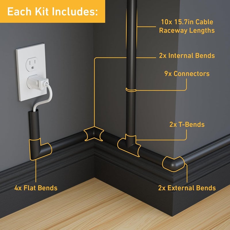 D-Line 157in Cord Cover Kit, Self-Adhesive Wire Hiders, Cable Raceway to Hide Wires on Wall, Electrical Cable Management - 10x 15.7 Lengths & 19 Accessories - 1.18" (W) x 0.59" (H) - Black - Image 2