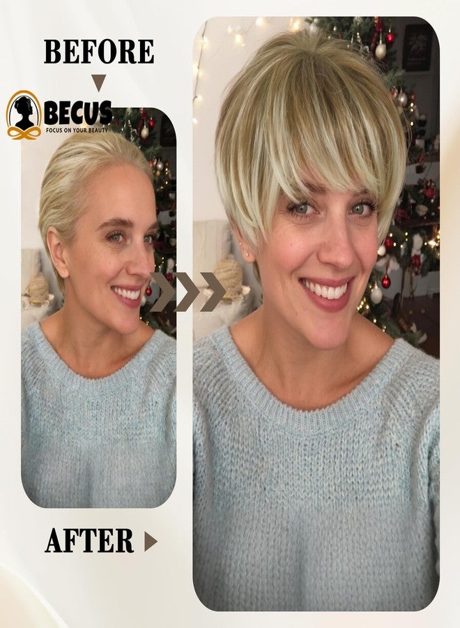 BECUS Short Blonde Wigs for White Women Pixie Cut Wig Pixie Layered Short Wigs for Older Women Synthetic Daily Halloween,Icy Ash Blonde (Small Head Friendly) - Image 2