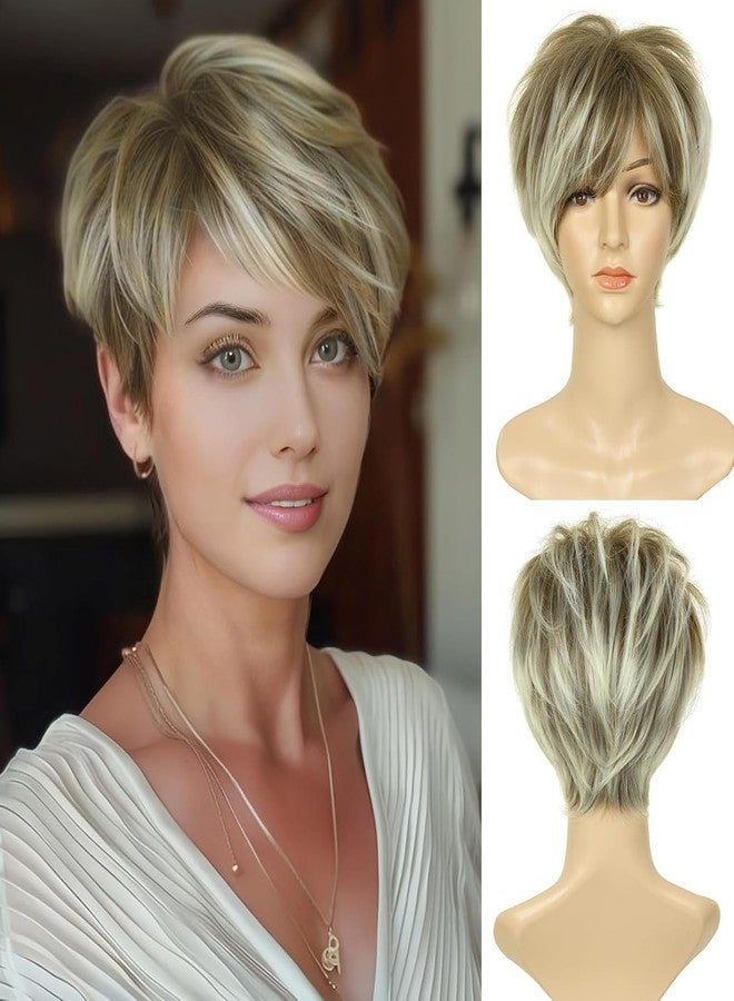 BECUS Short Blonde Wigs for White Women Pixie Cut Wig Pixie Layered Short Wigs for Older Women Synthetic Daily Halloween,Icy Ash Blonde (Small Head Friendly) - Image 1