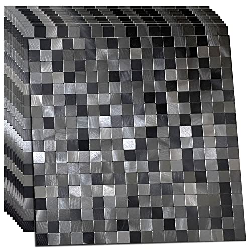XUANINY 10-Piece Self-Adhesive Metal Backsplash, Peel and Stick Tile for Kitchen Brushed Aluminium Surface backsplash (11.73"x11.73",10) (Black+ Gray) - Image 1