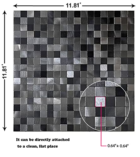 XUANINY 10-Piece Self-Adhesive Metal Backsplash, Peel and Stick Tile for Kitchen Brushed Aluminium Surface backsplash (11.73"x11.73",10) (Black+ Gray) - Image 2