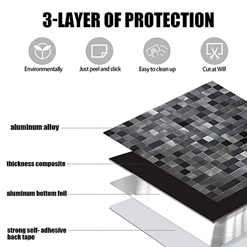 XUANINY 10-Piece Self-Adhesive Metal Backsplash, Peel and Stick Tile for Kitchen Brushed Aluminium Surface backsplash (11.73"x11.73",10) (Black+ Gray) - Image 4