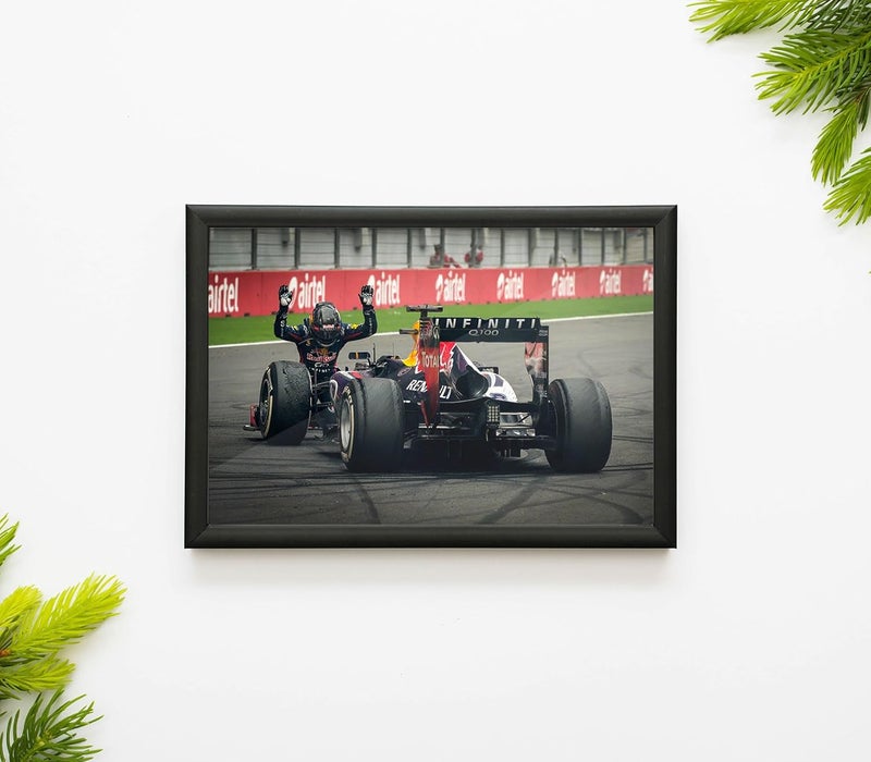 FRAMEO STORE Bowing the Bull Glass Frame Sebastian Vettel Indian GP 2013 Redbull RB9 wall art framed poster A4 size 8 X 12 Inches - Image 2