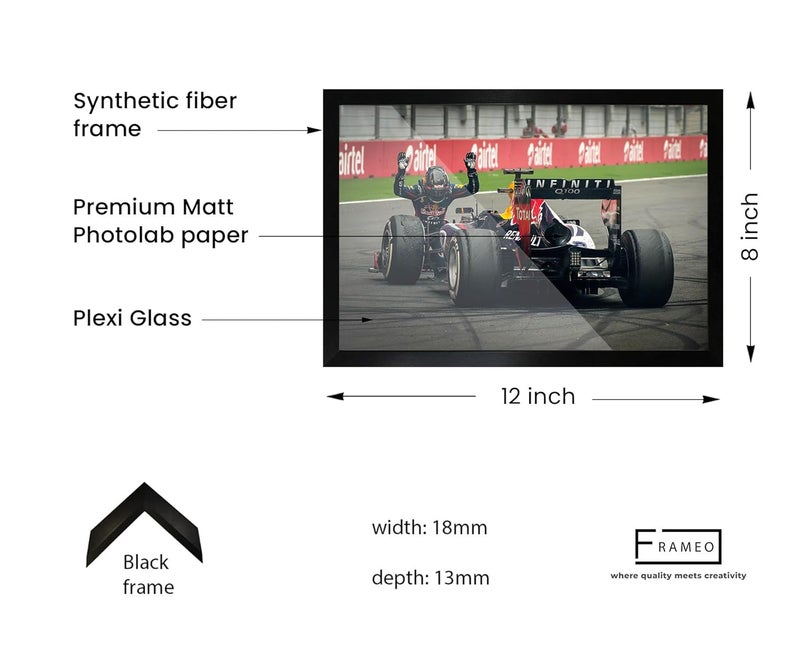 FRAMEO STORE Bowing the Bull Glass Frame Sebastian Vettel Indian GP 2013 Redbull RB9 wall art framed poster A4 size 8 X 12 Inches - Image 4