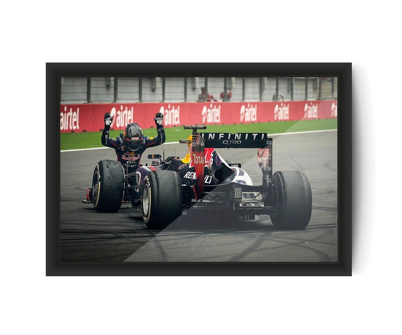 FRAMEO STORE Bowing the Bull Glass Frame Sebastian Vettel Indian GP 2013 Redbull RB9 wall art framed poster A4 size 8 X 12 Inches - Image 3