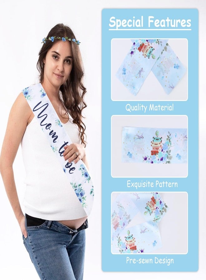زينة حفل استقبال مولود جديد من Serencatcher Baby in Bloom، باللون الأزرق الزهري، وشاح الأمومة للأم الحامل، زر للأم والأب الحامل، دبوس شارة من الصفيح، تاج من الزهور، عصابة رأس لحفل الكشف عن جنس المولود الجديد من Baby in Bloom - Image 4