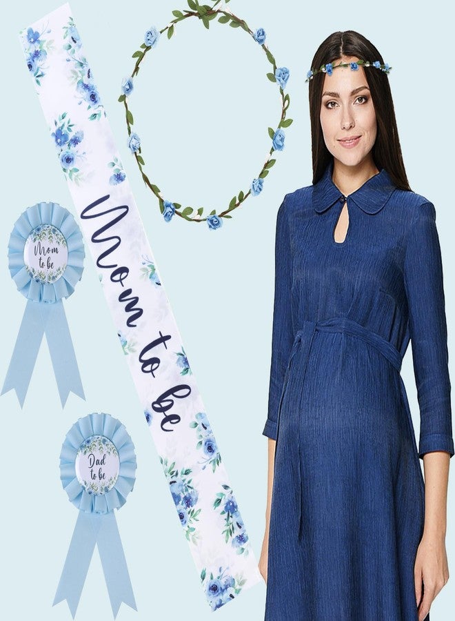 زينة حفل استقبال مولود جديد من Serencatcher Baby in Bloom، باللون الأزرق الزهري، وشاح الأمومة للأم الحامل، زر للأم والأب الحامل، دبوس شارة من الصفيح، تاج من الزهور، عصابة رأس لحفل الكشف عن جنس المولود الجديد من Baby in Bloom - Image 5