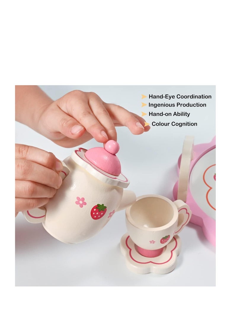 Zikra Donmills Wooden Tea Set for toddlers Pretend Play Game Toy for Girls Kids Tea set 14 Pcs Cute Wooden Play Kitchen Accessories for Children Gift for Birthday  Easter Afternoon Tea Party - Image 2