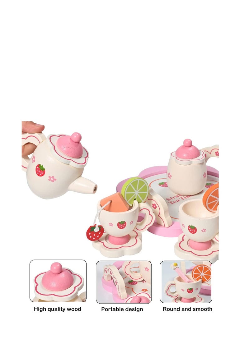 Zikra Donmills Wooden Tea Set for toddlers Pretend Play Game Toy for Girls Kids Tea set 14 Pcs Cute Wooden Play Kitchen Accessories for Children Gift for Birthday  Easter Afternoon Tea Party - Image 3