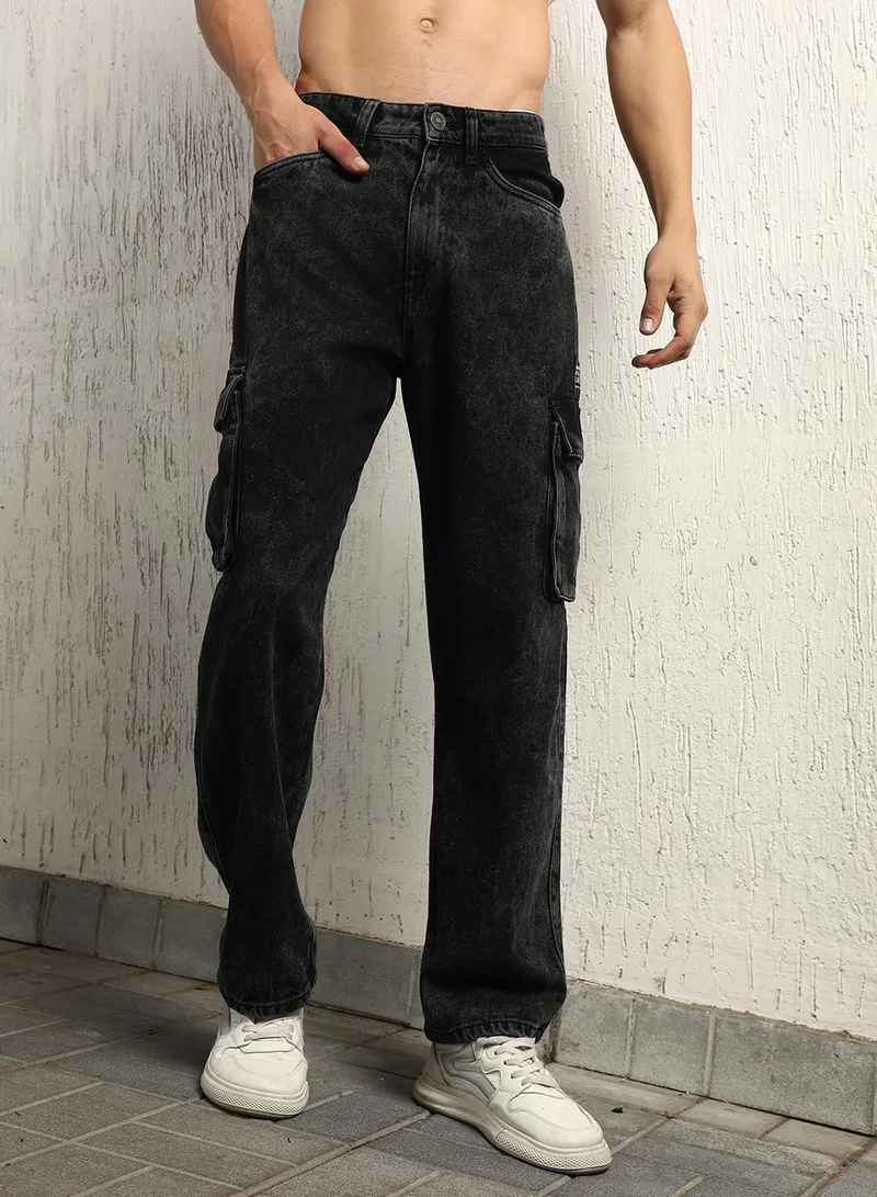هوبرهولمي Men's Grey 100% Cotton Bleached Full Length Relaxed Jeans