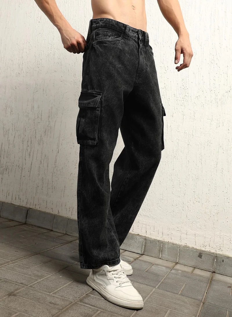 هوبرهولمي Men's Grey 100% Cotton Bleached Full Length Relaxed Jeans