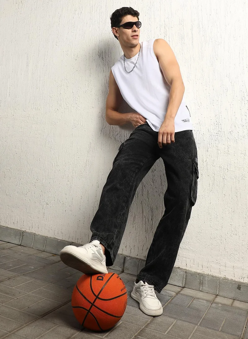 هوبرهولمي Men's Grey 100% Cotton Bleached Full Length Relaxed Jeans
