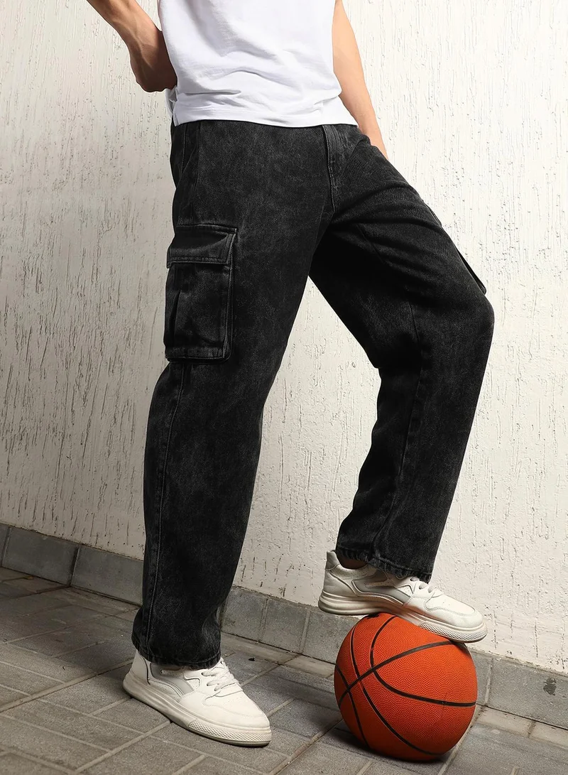 هوبرهولمي Men's Grey 100% Cotton Bleached Full Length Relaxed Jeans