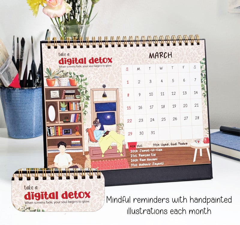 anujarusiya® Nurture Desktop Calendar 2026 - Gentle reminder paintings| Study desk Calendar with quotes| Imported texture paper| Golden twin wirobound Table Calendar| 8.5"x7.5” | 50+ stickers - Image 3