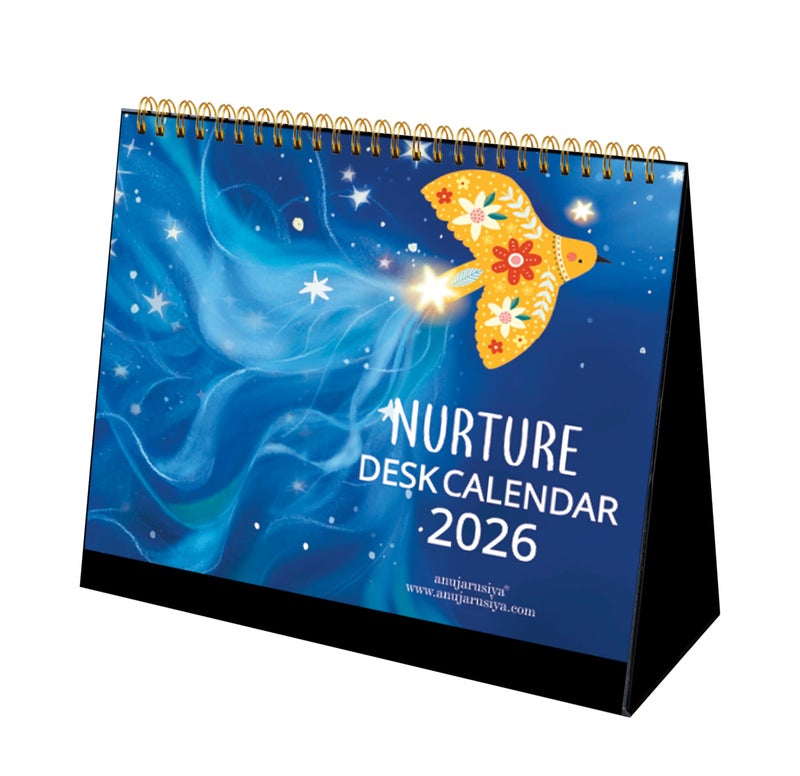 anujarusiya® Nurture Desktop Calendar 2026 - Gentle reminder paintings| Study desk Calendar with quotes| Imported texture paper| Golden twin wirobound Table Calendar| 8.5"x7.5” | 50+ stickers - Image 1